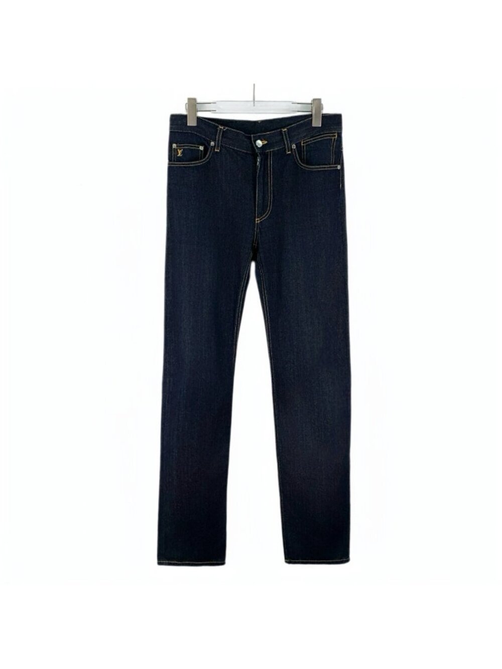 Louis Vuitton Dark Blue Logo Leather Patch Straight-Leg Jeans